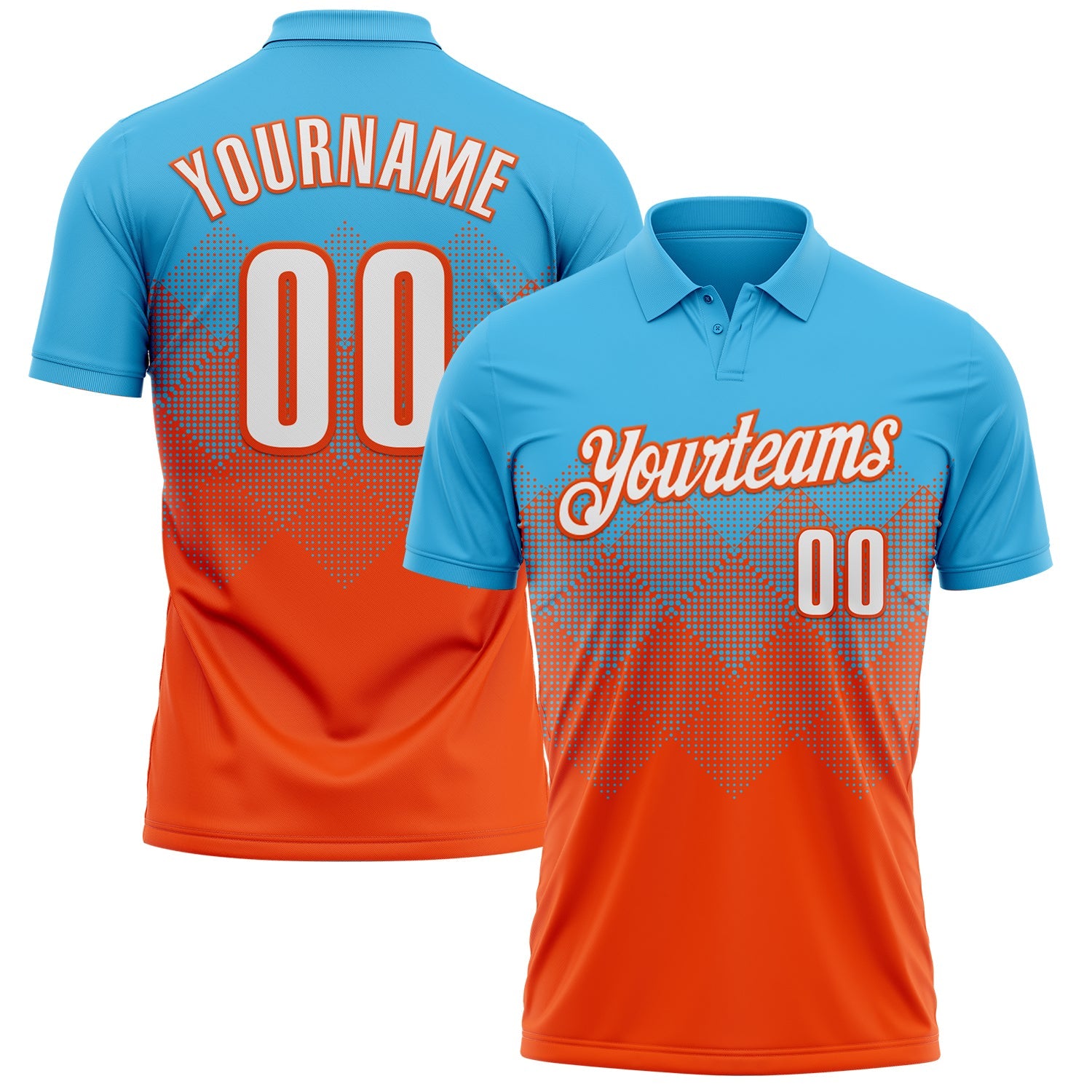 Custom Sky Blue White-Orange 3D Gradient Square Shape Performance Polo Shirt - Main View