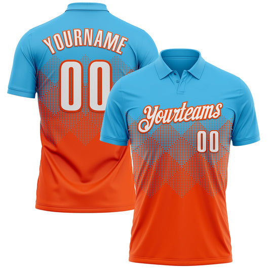 Custom Sky Blue White-Orange 3D Gradient Square Shape Performance Polo Shirt - Main View