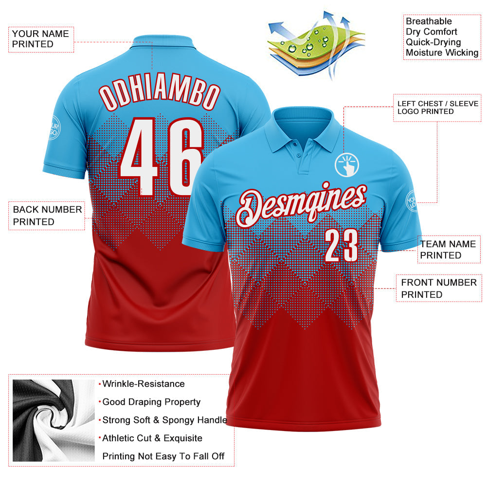 Custom Sky Blue White-Red 3D Gradient Square Shape Performance Polo Shirt view 3