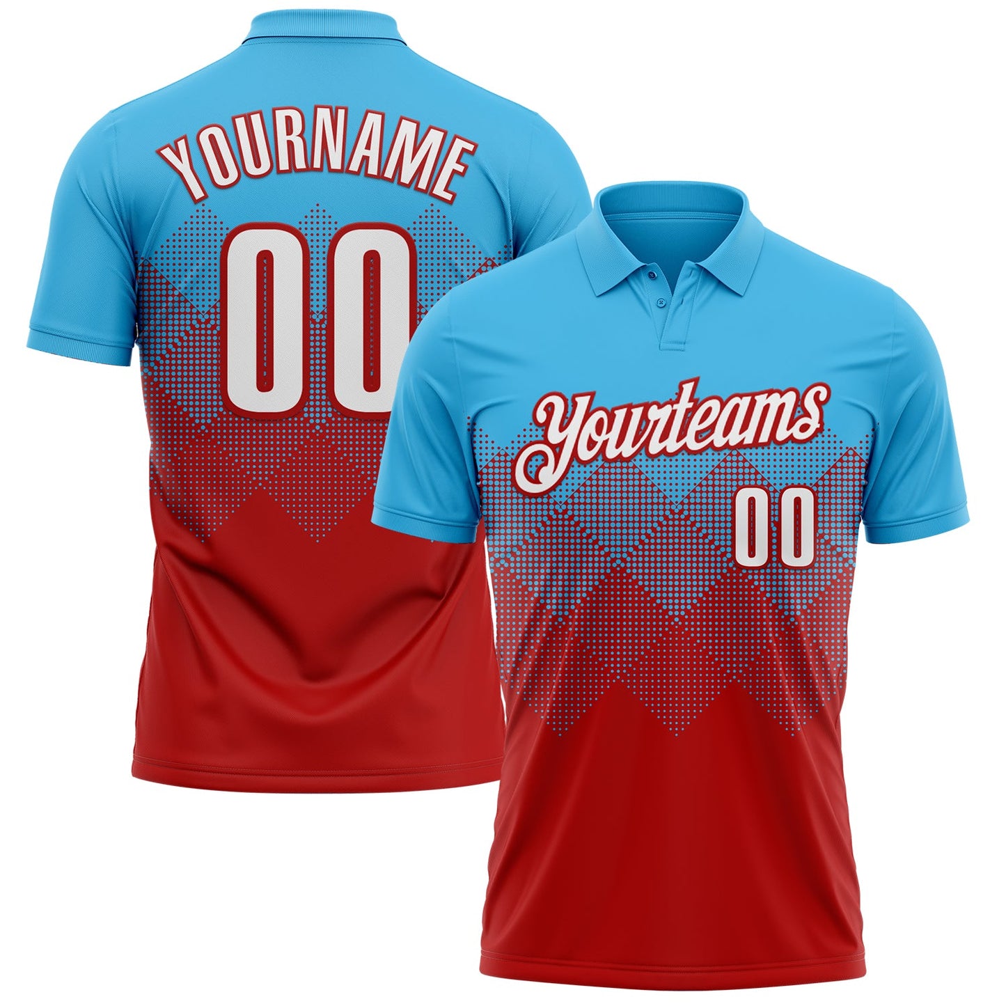 Custom Sky Blue White-Red 3D Gradient Square Shape Performance Polo Shirt - Main View