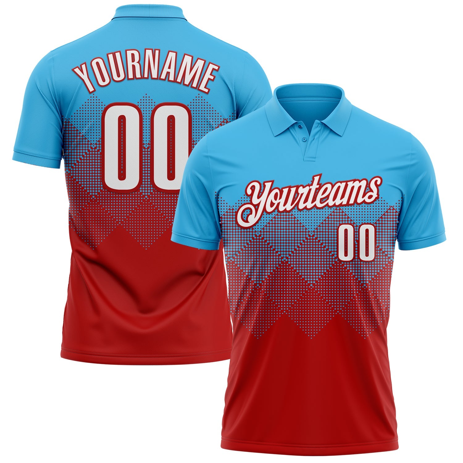 Custom Sky Blue White-Red 3D Gradient Square Shape Performance Polo Shirt - Main View