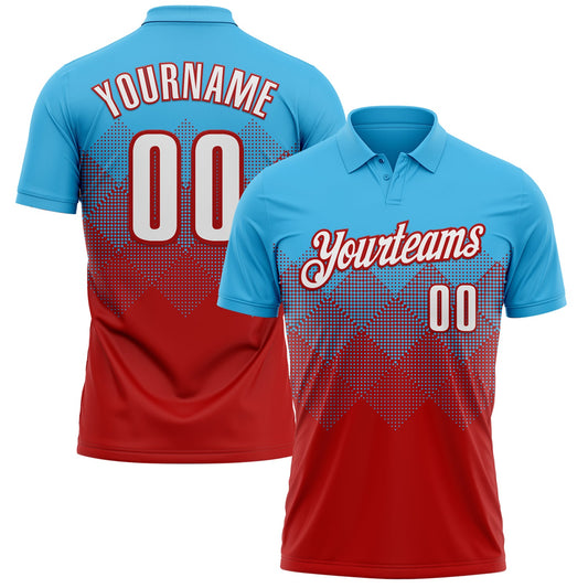 Custom Sky Blue White-Red 3D Gradient Square Shape Performance Polo Shirt - Main View