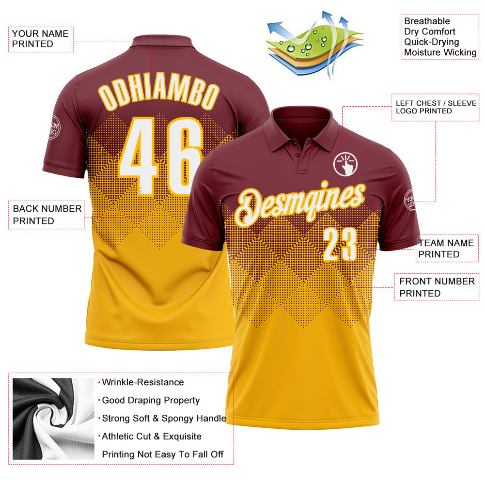 Custom Burgundy White-Gold 3D Gradient Square Shape Performance Polo Shirt view 3