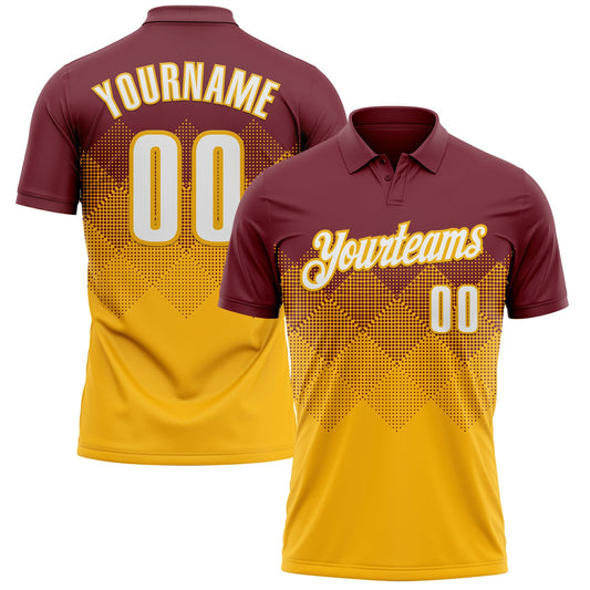 Custom Burgundy White-Gold 3D Gradient Square Shape Performance Polo Shirt - Main View