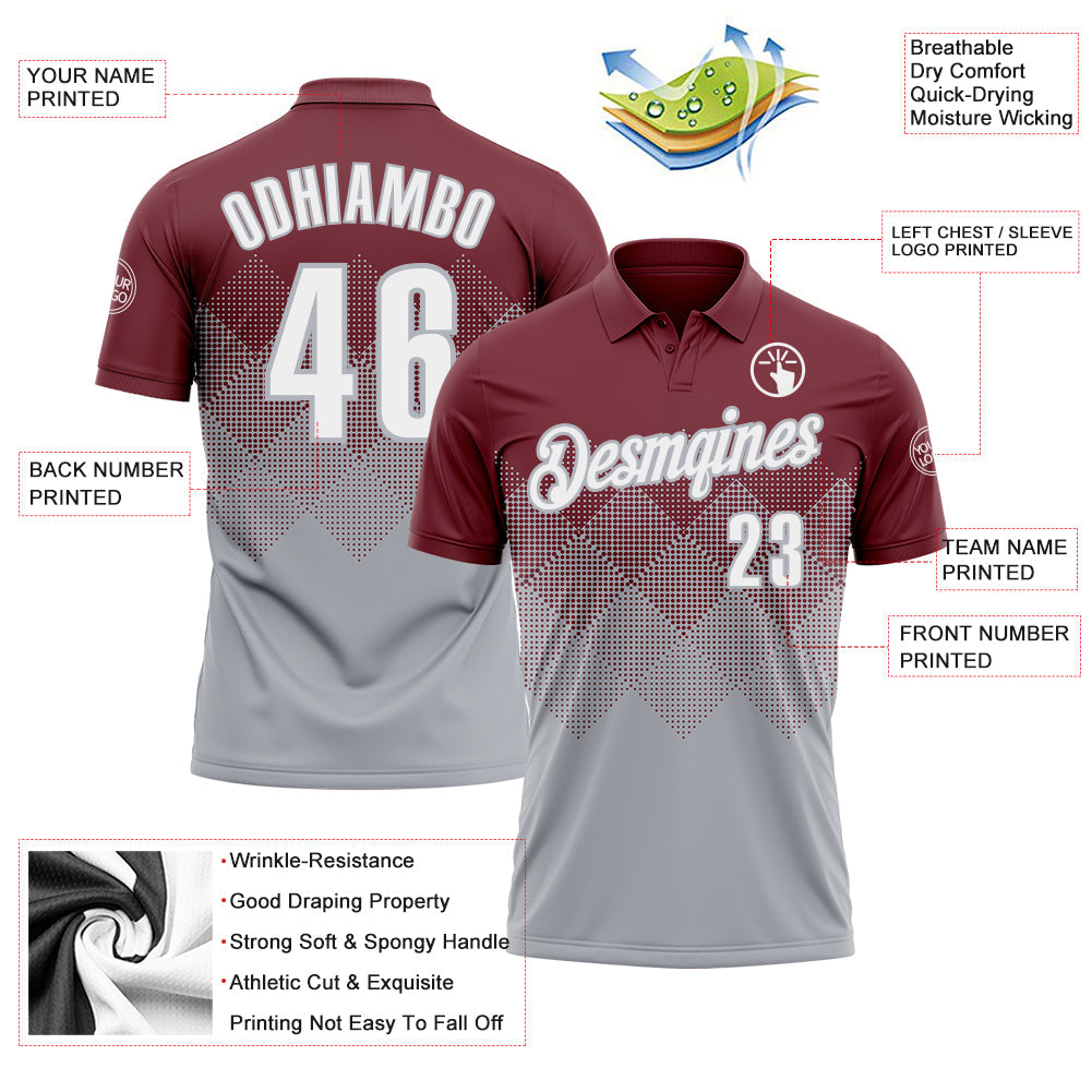 Custom Burgundy White-Gray 3D Gradient Square Shape Performance Polo Shirt view 3