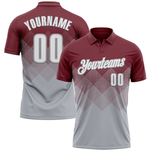 Custom Burgundy White-Gray 3D Gradient Square Shape Performance Polo Shirt - Main View