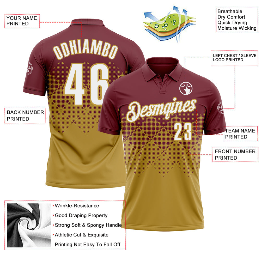 Custom Burgundy White-Old Gold 3D Gradient Square Shape Performance Polo Shirt view 3
