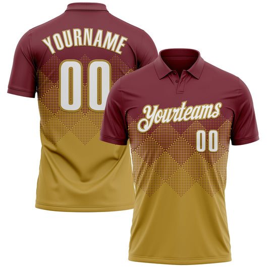 Custom Burgundy White-Old Gold 3D Gradient Square Shape Performance Polo Shirt - Main View
