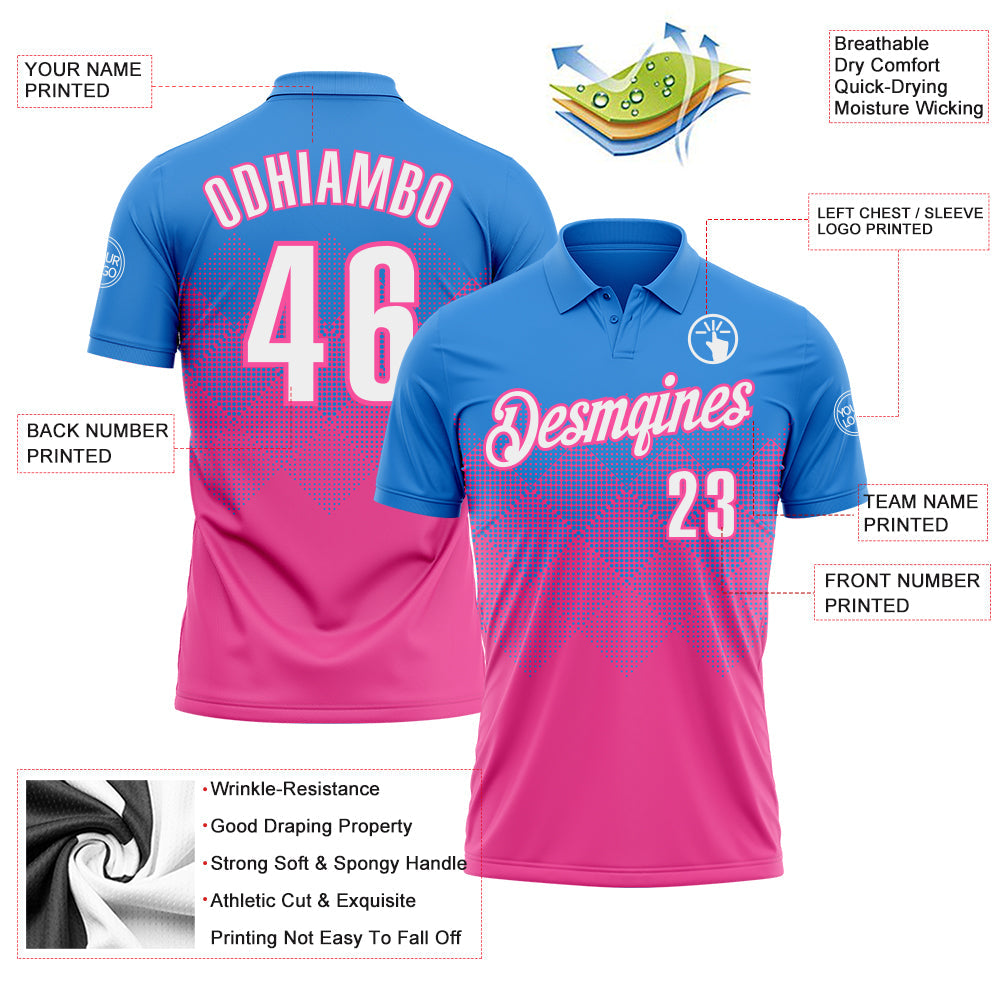 Custom Powder Blue White-Pink 3D Gradient Square Shape Performance Polo Shirt view 3