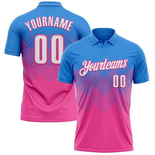 Custom Powder Blue White-Pink 3D Gradient Square Shape Performance Polo Shirt - Main View