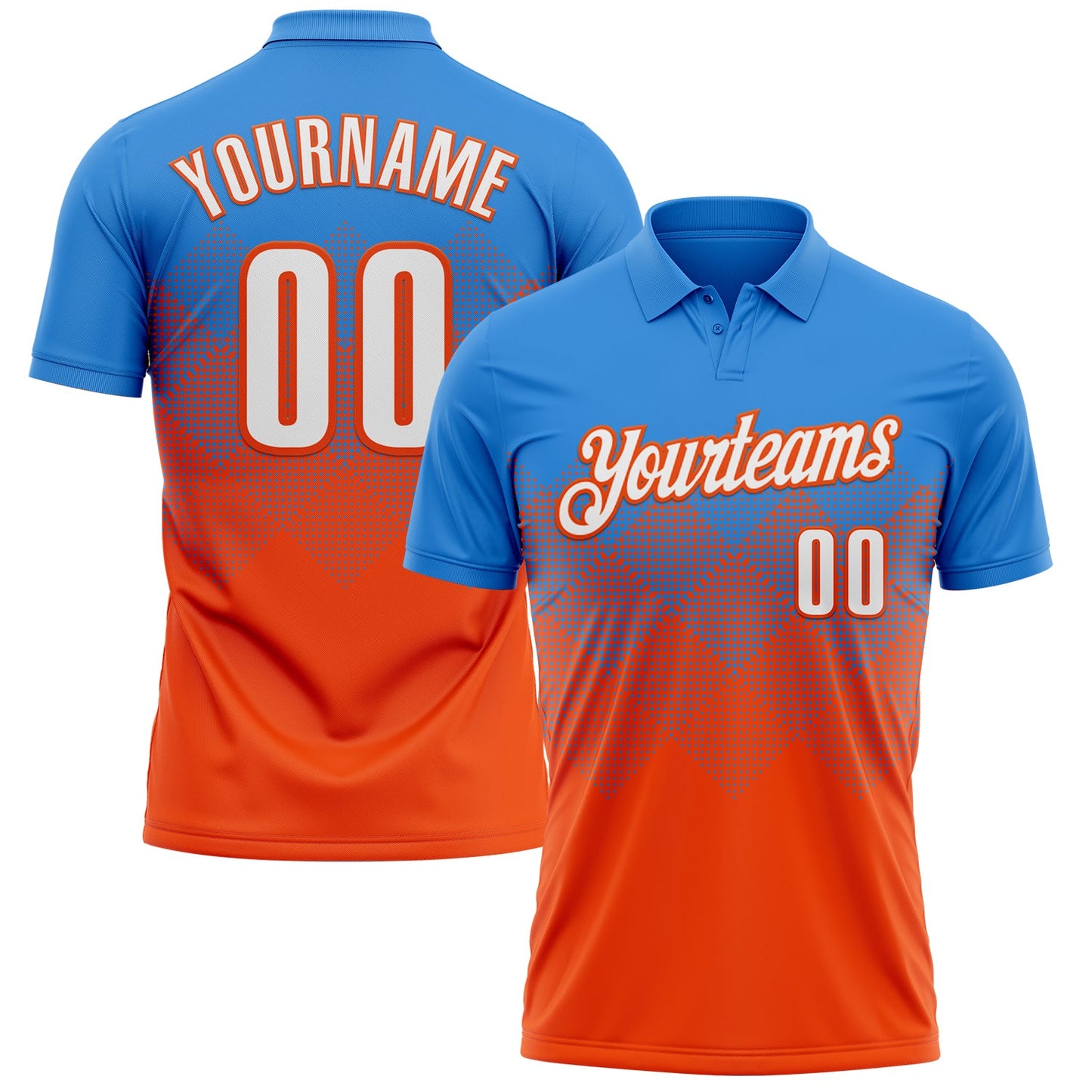 Custom Powder Blue White-Orange 3D Gradient Square Shape Performance Polo Shirt - Main View