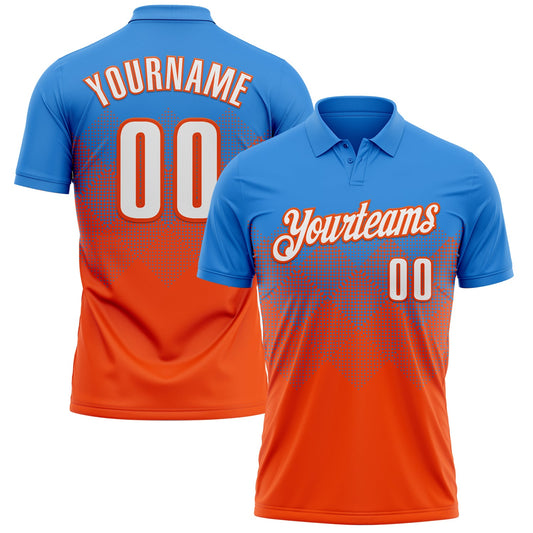 Custom Powder Blue White-Orange 3D Gradient Square Shape Performance Polo Shirt - Main View