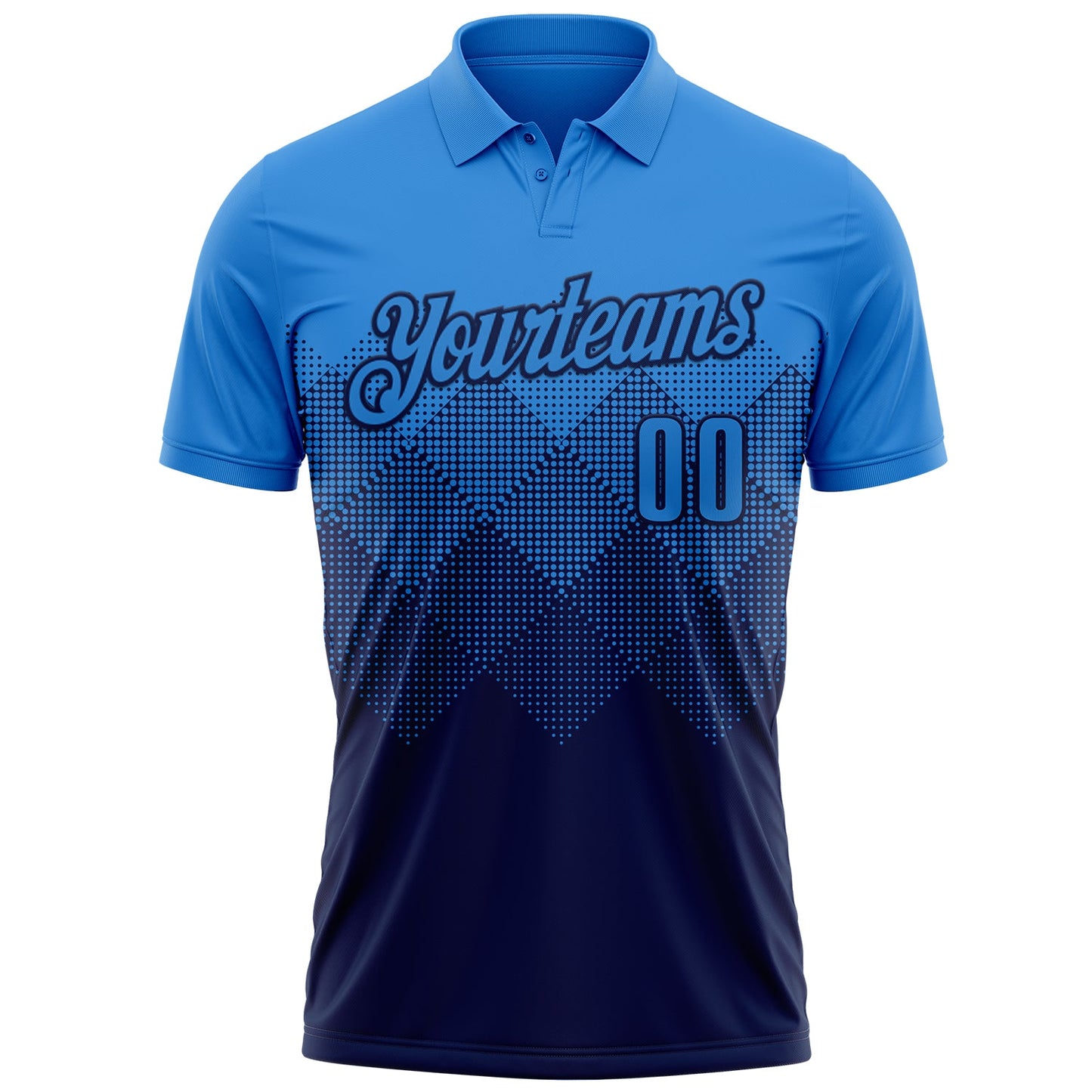 Custom Powder Blue Navy 3D Gradient Square Shape Performance Polo Shirt view 2