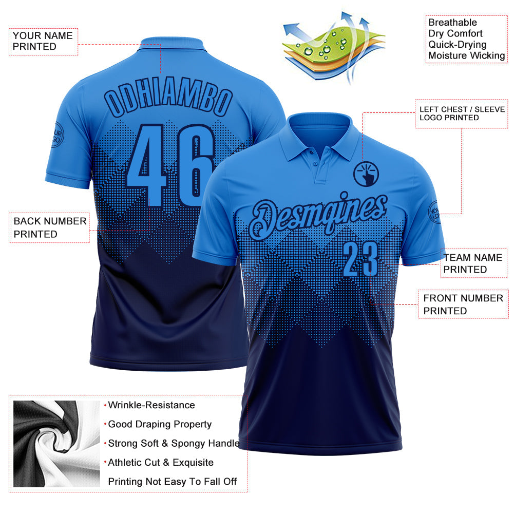 Custom Powder Blue Navy 3D Gradient Square Shape Performance Polo Shirt view 3