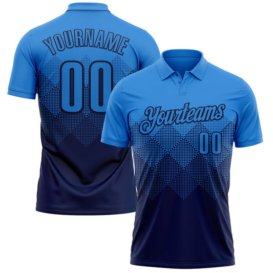 Custom Powder Blue Navy 3D Gradient Square Shape Performance Polo Shirt - Main View