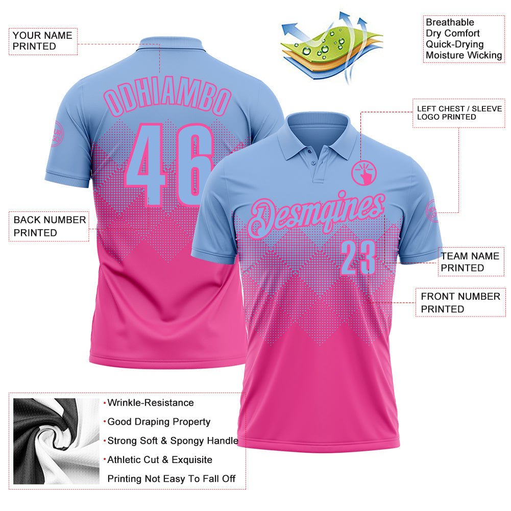 Custom Light Blue Pink 3D Gradient Square Shape Performance Polo Shirt view 3