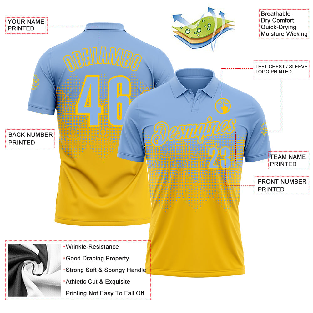 Custom Light Blue Yellow 3D Gradient Square Shape Performance Polo Shirt view 3
