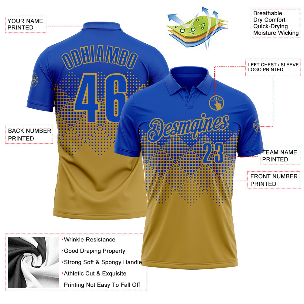 Custom Thunder Blue Old Gold 3D Gradient Square Shape Performance Polo Shirt view 3