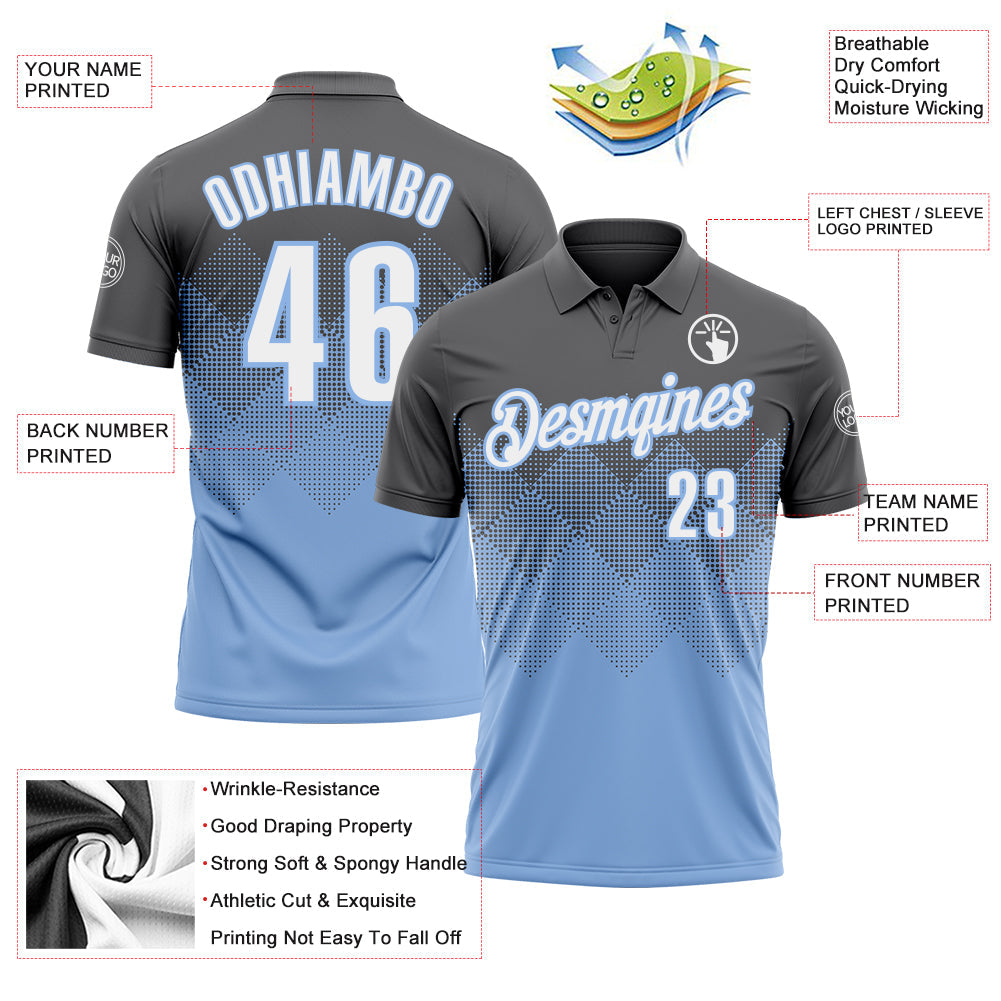 Custom Steel Gray White-Light Blue 3D Gradient Square Shape Performance Polo Shirt view 3