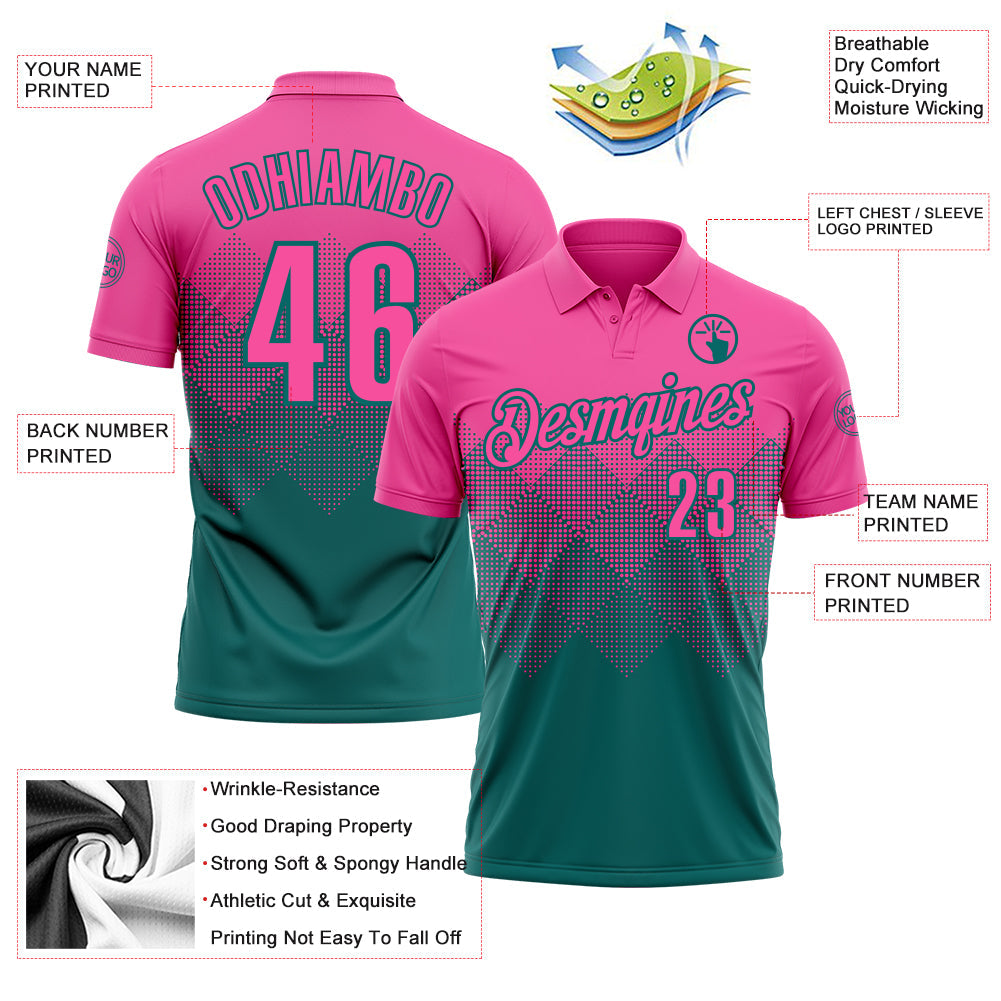 Custom Pink Teal 3D Gradient Square Shape Performance Polo Shirt view 3