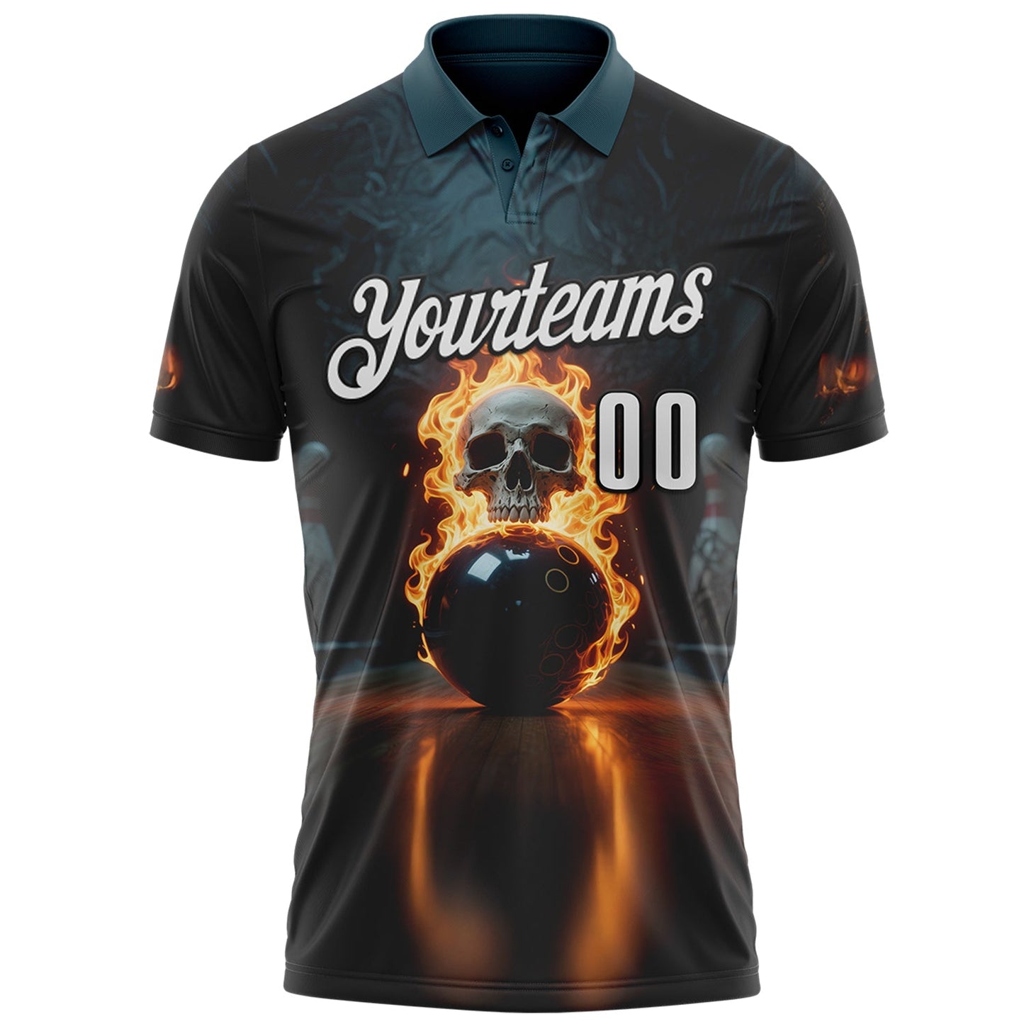 Custom Black White 3D Flame Skull Bowling Performance Polo Shirt view 2