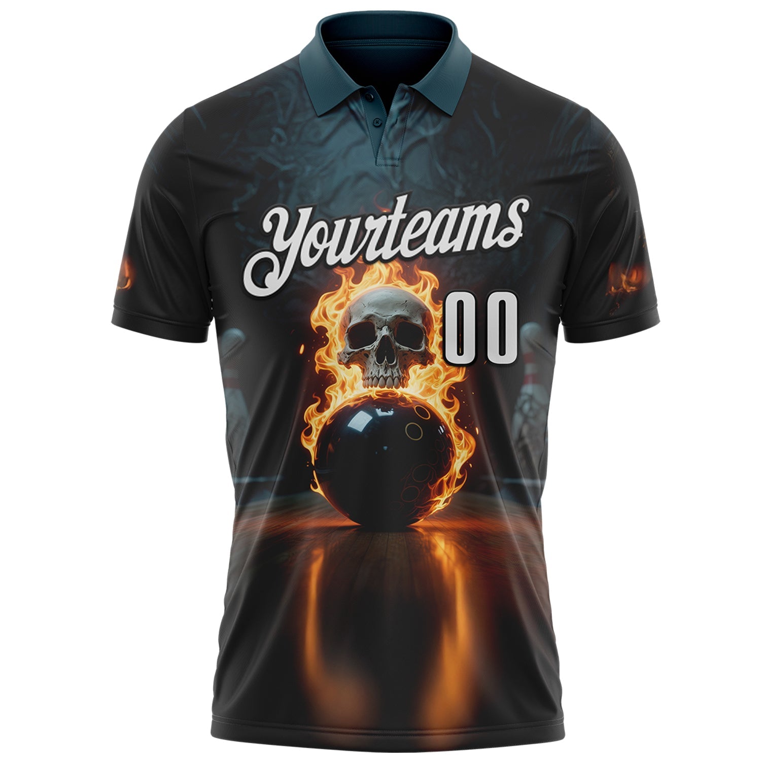 Custom Black White 3D Flame Skull Bowling Performance Polo Shirt view 2