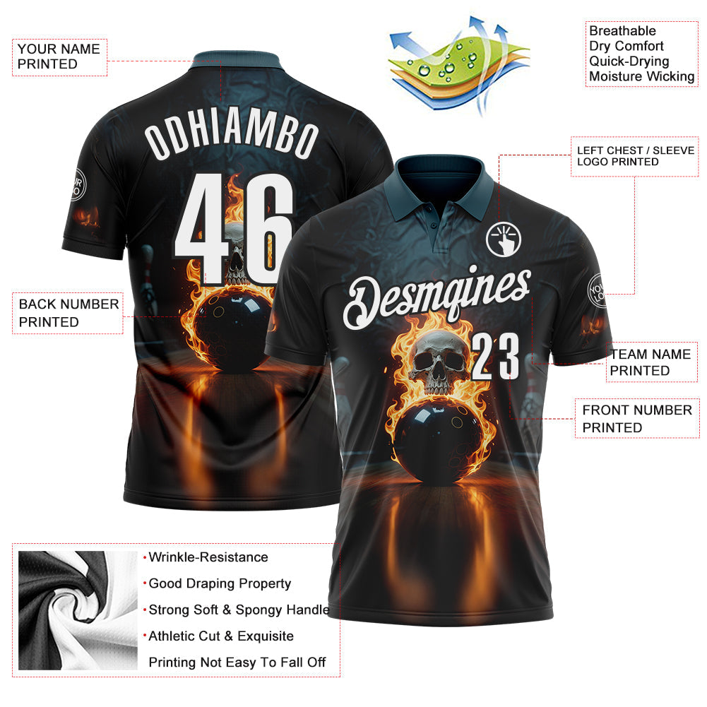 Custom Black White 3D Flame Skull Bowling Performance Polo Shirt view 3