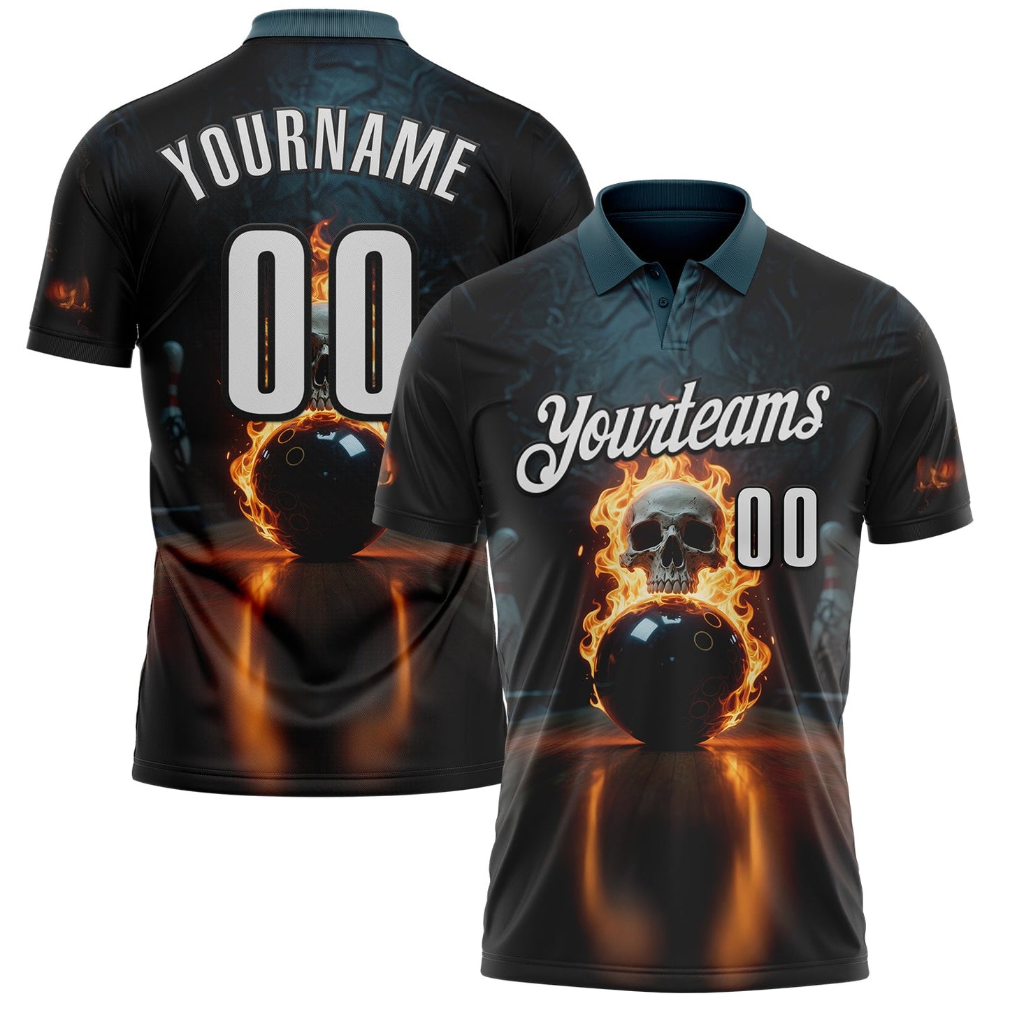 Custom Black White 3D Flame Skull Bowling Performance Polo Shirt - Main View