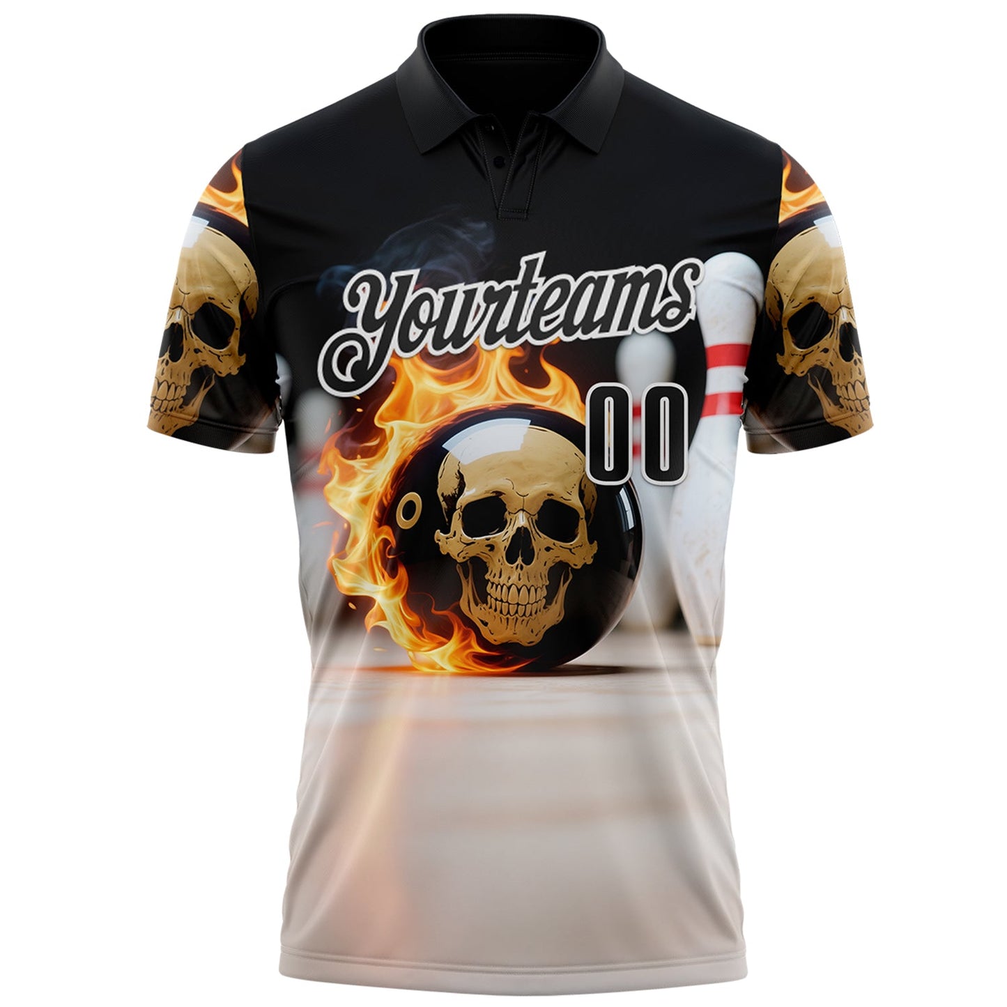 Custom Black White 3D Flame Skull Bowling Performance Polo Shirt view 2