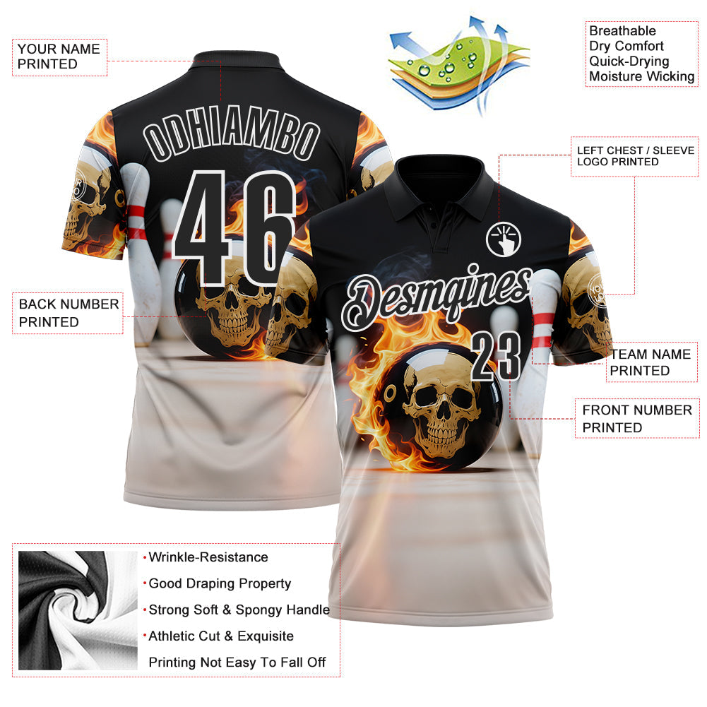 Custom Black White 3D Flame Skull Bowling Performance Polo Shirt view 3