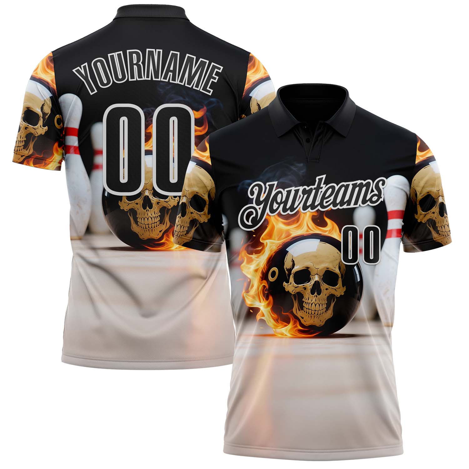 Custom Black White 3D Flame Skull Bowling Performance Polo Shirt - Main View