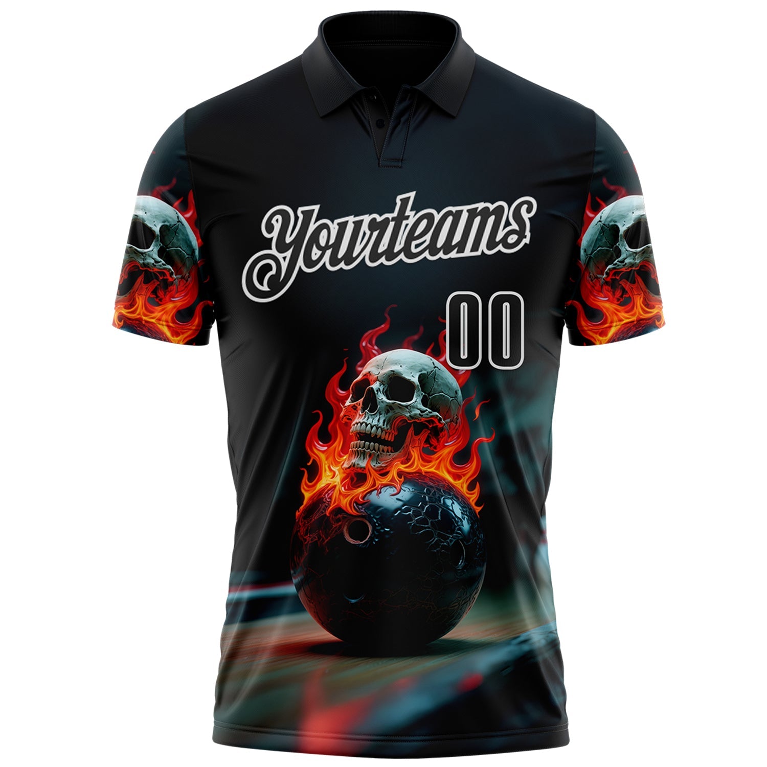 Custom Black White 3D Flame Skull Bowling Performance Polo Shirt view 2