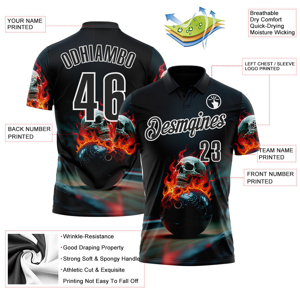 Custom Black White 3D Flame Skull Bowling Performance Polo Shirt view 3