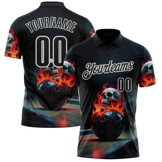 Custom Black White 3D Flame Skull Bowling Performance Polo Shirt - Main View