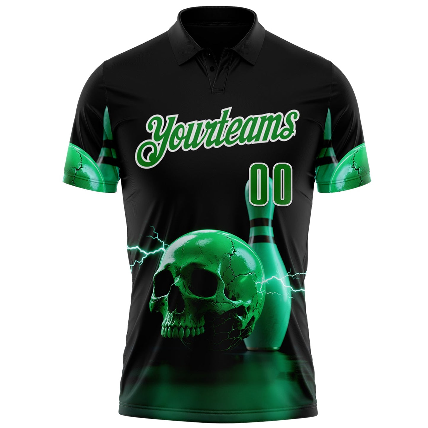 Custom Black Grass Green-White 3D Lightning Skull Bowling Performance Polo Shirt view 2