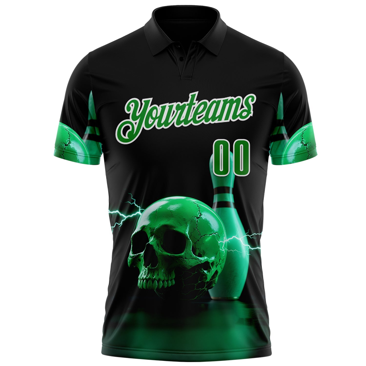 Custom Black Grass Green-White 3D Lightning Skull Bowling Performance Polo Shirt view 2