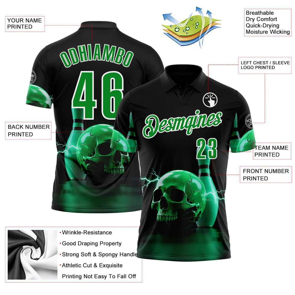 Custom Black Grass Green-White 3D Lightning Skull Bowling Performance Polo Shirt view 3