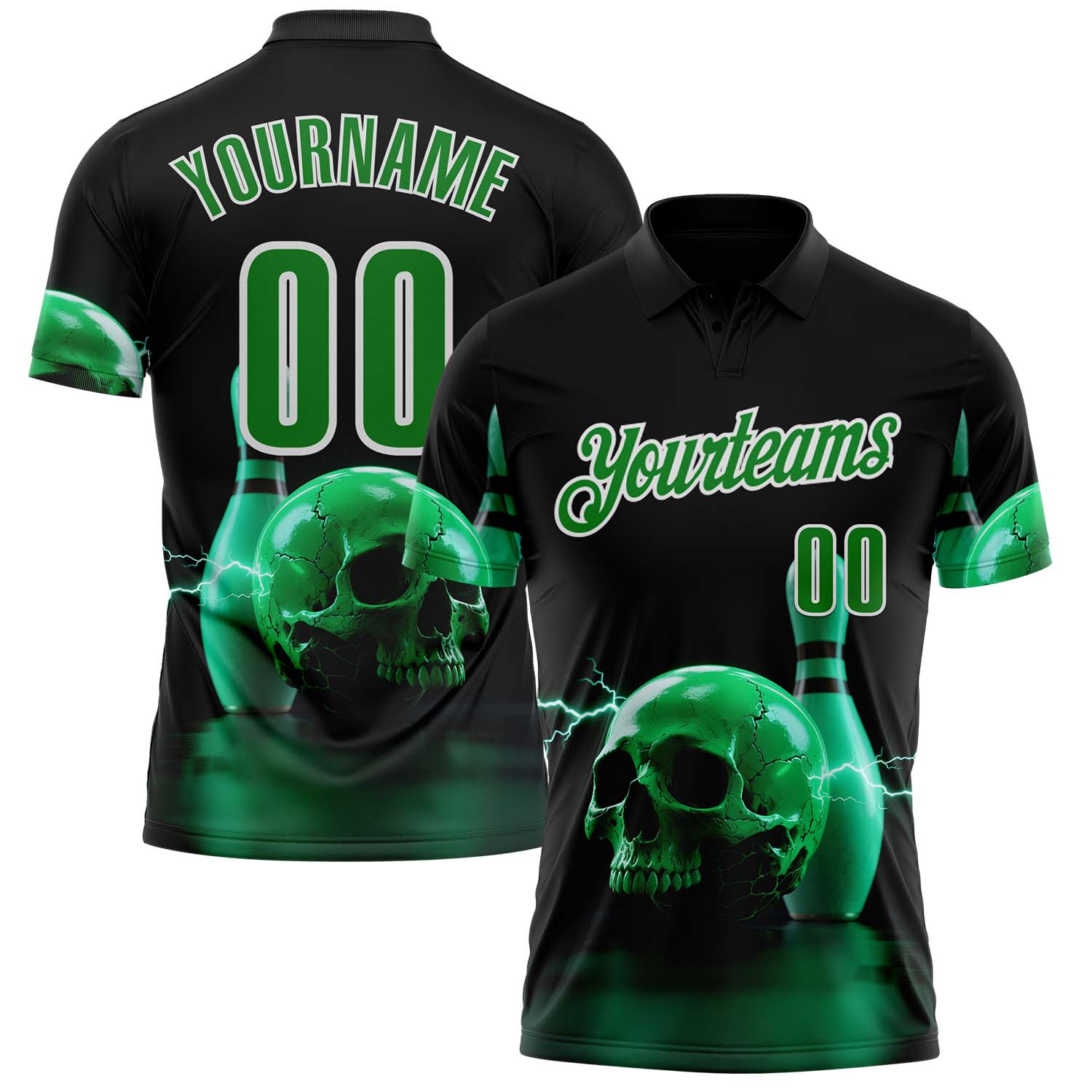 Custom Black Grass Green-White 3D Lightning Skull Bowling Performance Polo Shirt - Main View