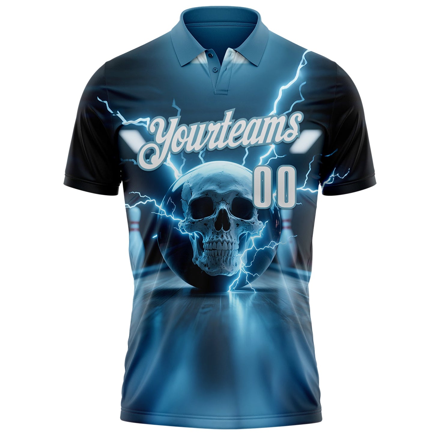 Custom Shadow Blue White 3D Lightning Skull Bowling Performance Polo Shirt view 2