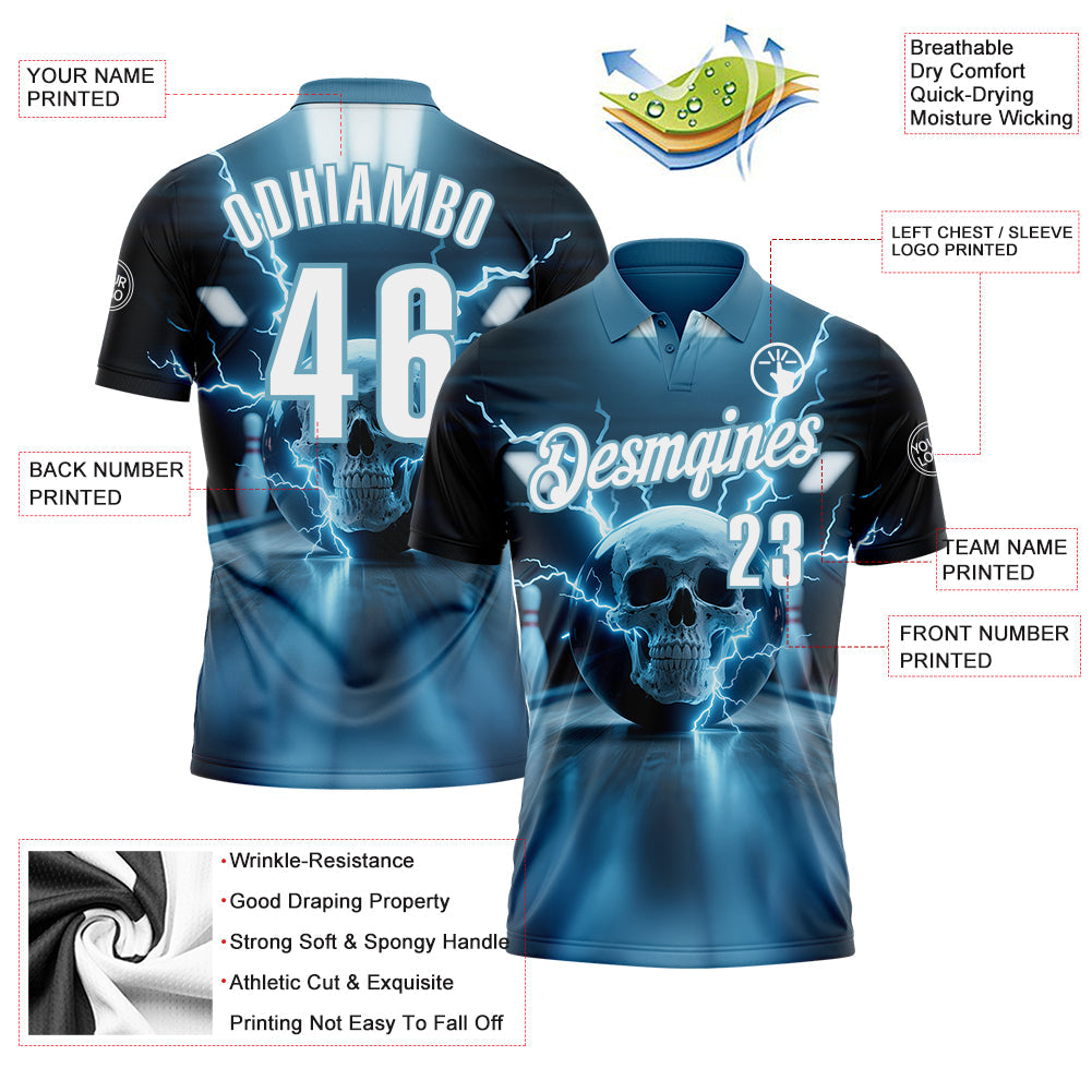 Custom Shadow Blue White 3D Lightning Skull Bowling Performance Polo Shirt view 3
