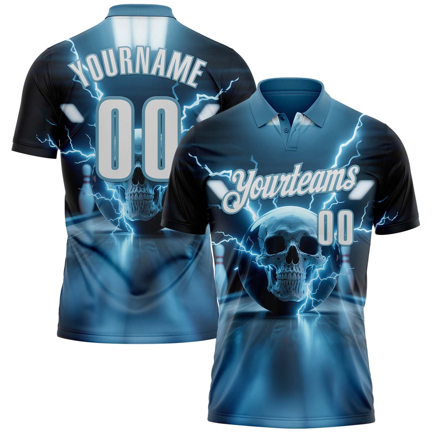 Custom Shadow Blue White 3D Lightning Skull Bowling Performance Polo Shirt - Main View
