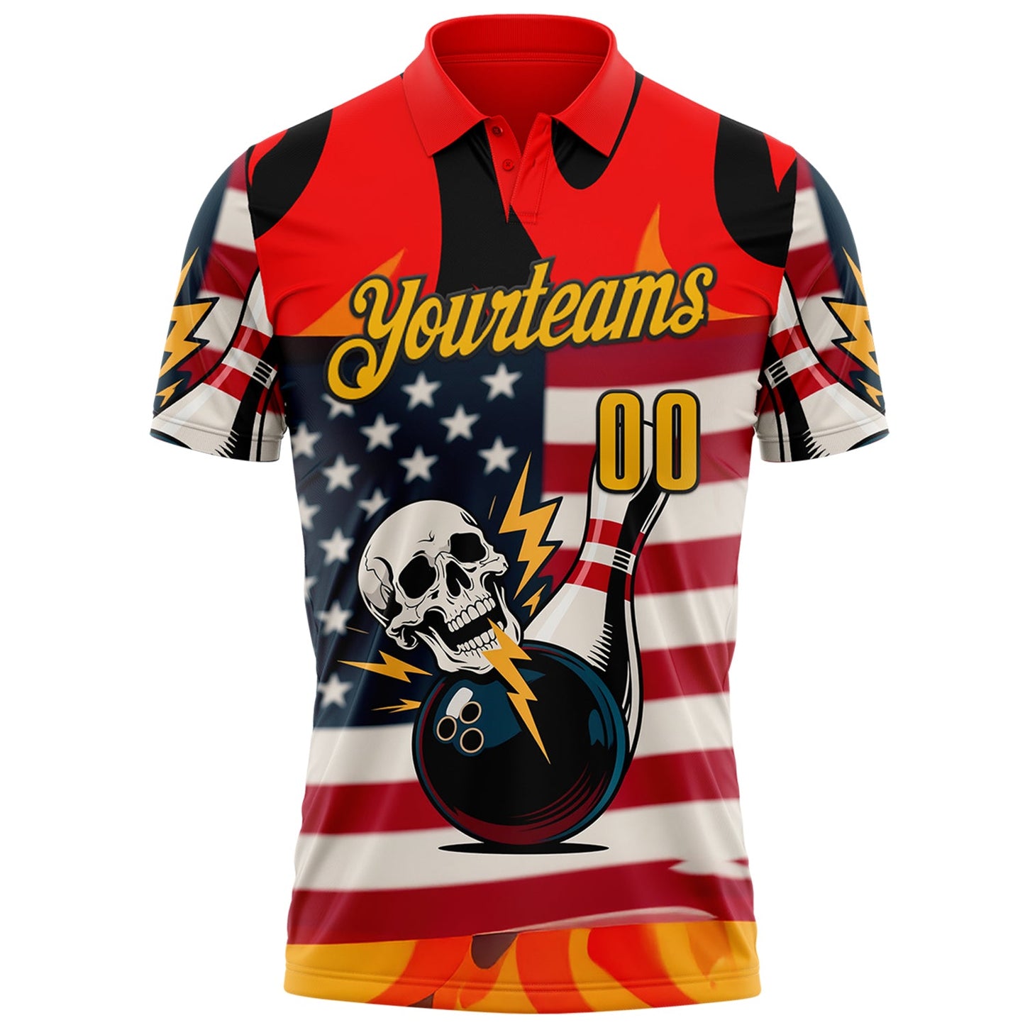 Custom Red Gold-Black 3D American Flag Skull Bowling Performance Polo Shirt view 2