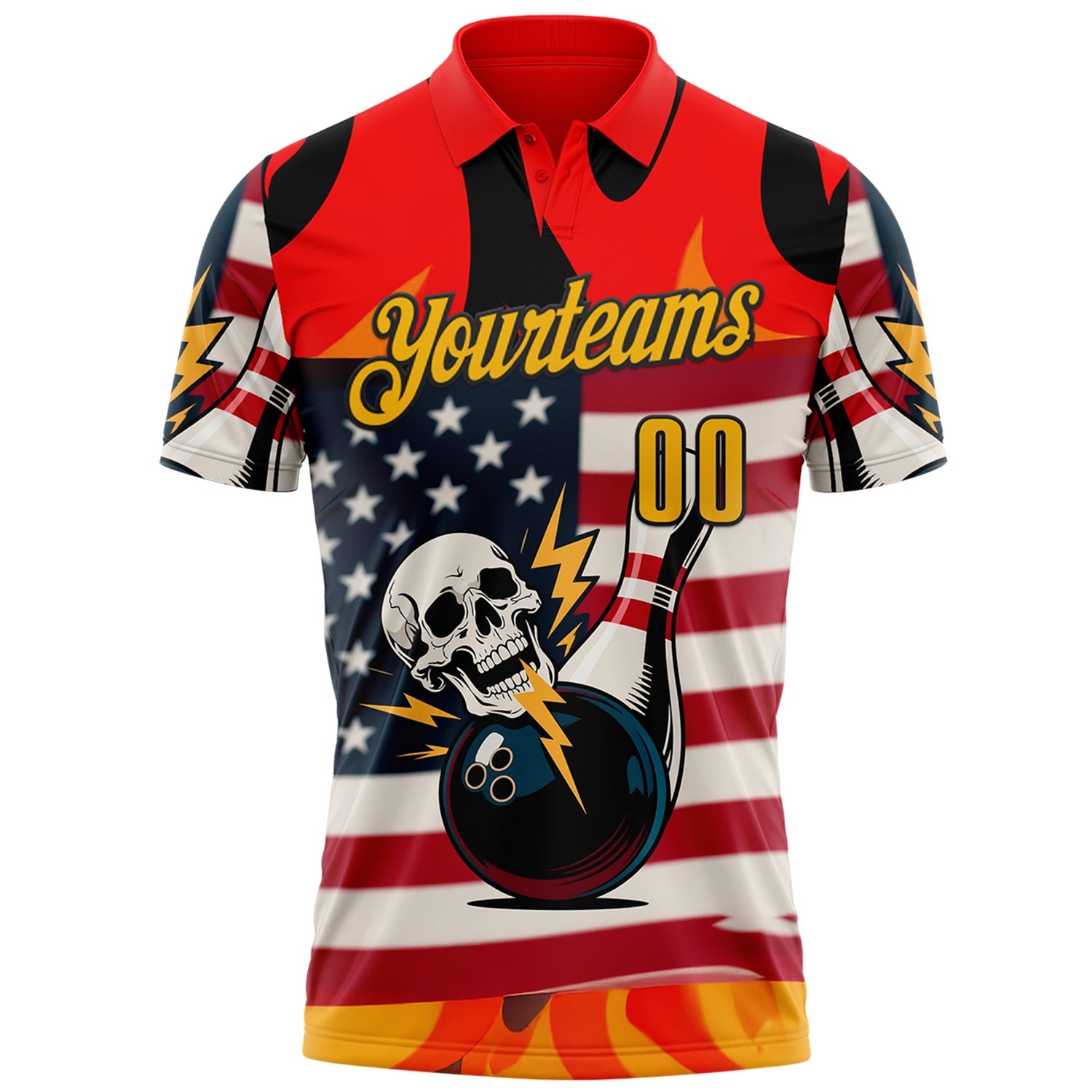 Custom Red Gold-Black 3D American Flag Skull Bowling Performance Polo Shirt view 2
