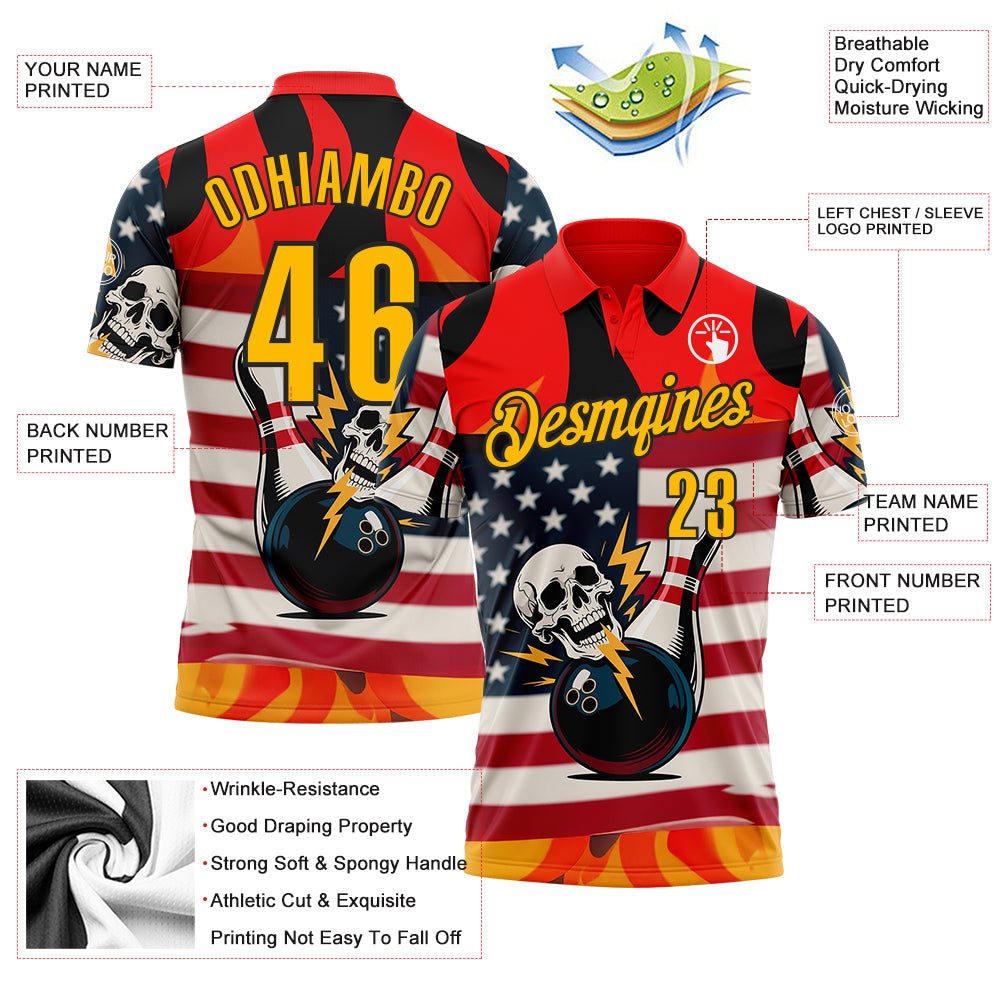 Custom Red Gold-Black 3D American Flag Skull Bowling Performance Polo Shirt view 3