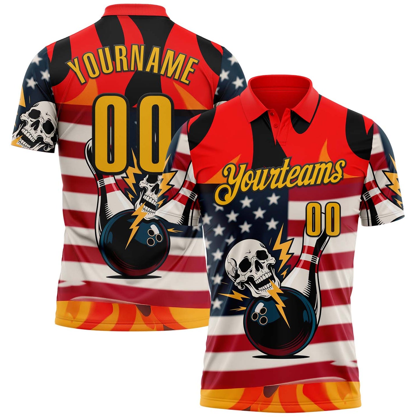Custom Red Gold-Black 3D American Flag Skull Bowling Performance Polo Shirt - Main View
