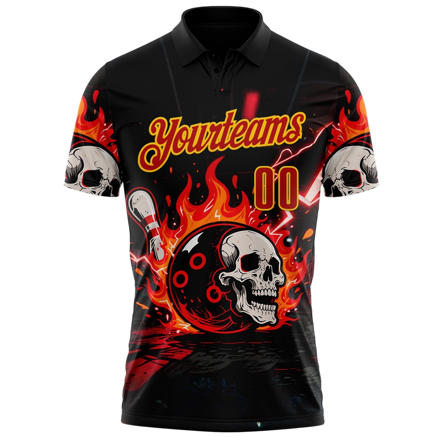 Custom Black Red-Yellow 3D Flame Skull Bowling Performance Polo Shirt view 2