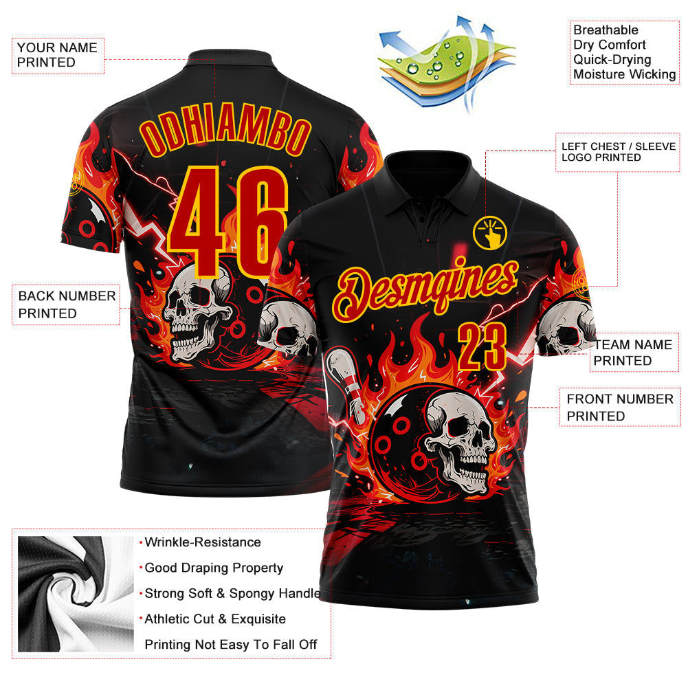 Custom Black Red-Yellow 3D Flame Skull Bowling Performance Polo Shirt view 3