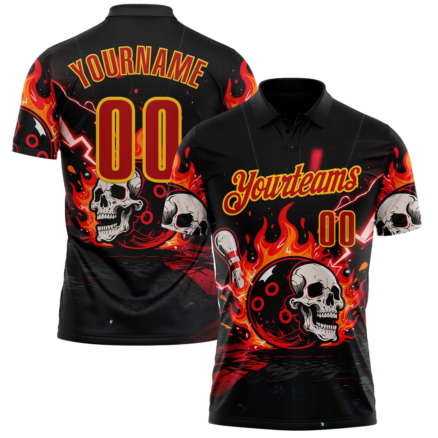Custom Black Red-Yellow 3D Flame Skull Bowling Performance Polo Shirt - Main View