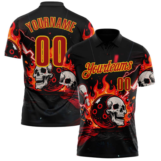 Custom Black Red-Yellow 3D Flame Skull Bowling Performance Polo Shirt - Main View