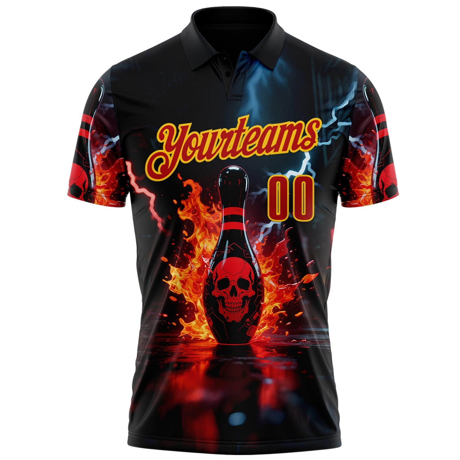 Custom Black Red-Yellow 3D Flame Lightning Skull Bowling Performance Polo Shirt view 2